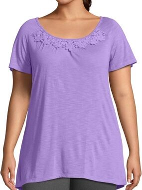Just My Size Women’s Lavender Scoop Neck Floral Crochet Lace Yoke Tee 2x plus